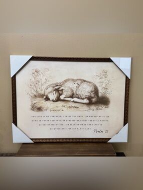 Framed Sleeping Lamb Psalm 23 Wall Art - Brown & Cream